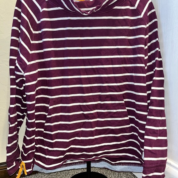 ORVIS Burgundy Stripe Pullover Cowl Neck Sweatshirt Kangaroo Pocket Womens XL - Picture 2 of 7